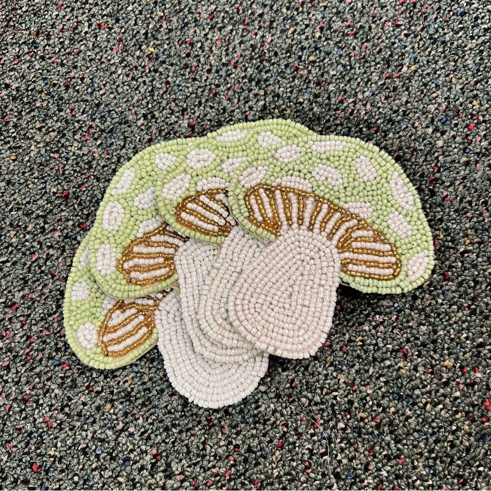 4 Beaded Embroidered Green Pastel Mushroom Drink Coasters Home Accessory Decor